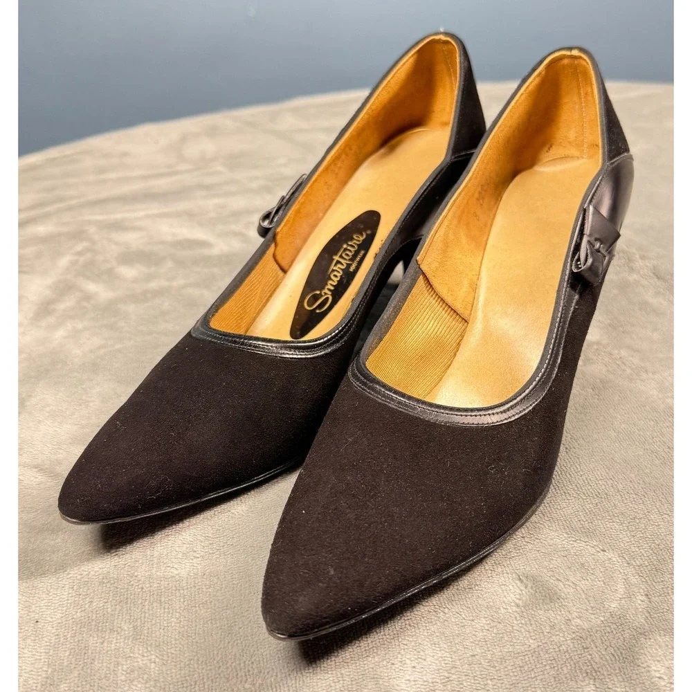 Smartaire Womens Pumps 8 AAA Black Suede Pointed Toe Buckle Heels